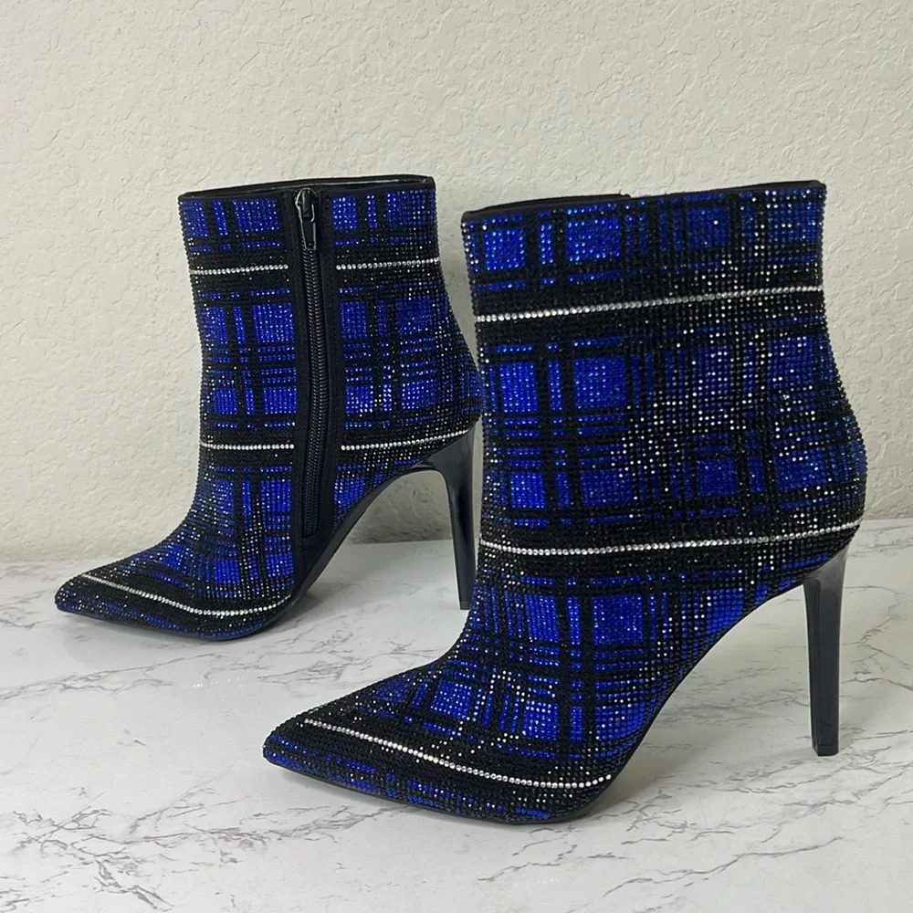 INC-  Blue Plaid Rhinestone Reisa Pointed Toe Stiletto Dress Booties - Picture 2 of 11